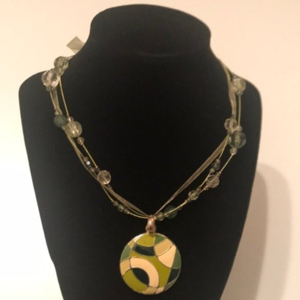 💚✨ Vintage Green & Yellow Stained Glass Pendant Necklace | Beaded Ribbon Chain